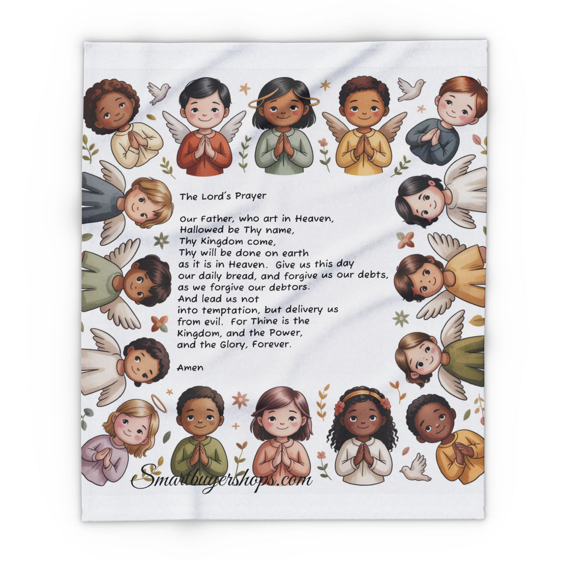 Prayer Blanket with 'The Lord’s Prayer' and Diverse Praying Children — Cozy Arctic Fleece