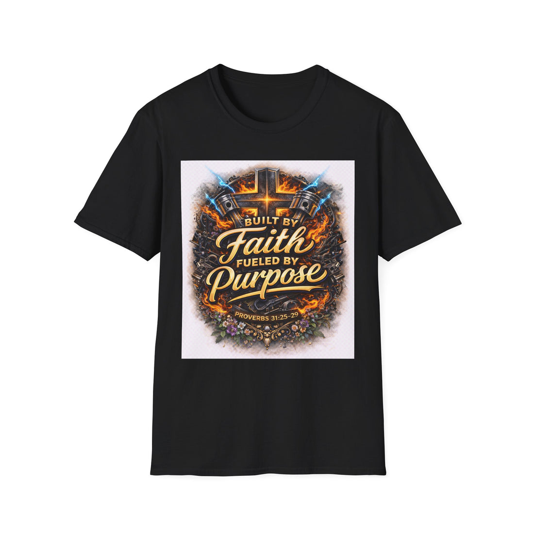 Built by Faith Fueled by Purpose T-Shirt — Christian Inspirational Tee with Cross Design
